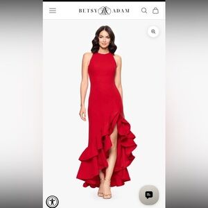 Betsy & Adam Vibrant Red Ruffle Train Dress
